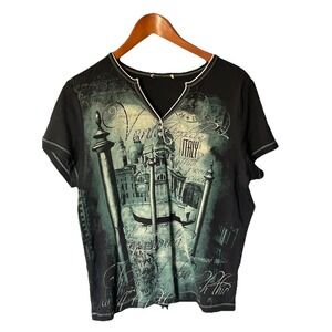 Blue Canyon Y2K T Shirt Women's 1X Blue Venice Italy Graphic Embellished Gothic